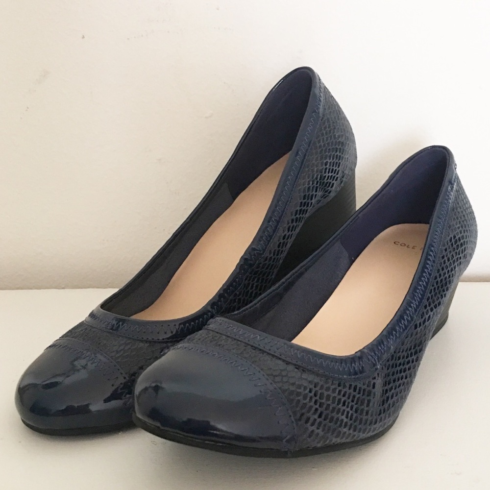 Cole Haan Navy Blue Round Toe Low Wedge Heels